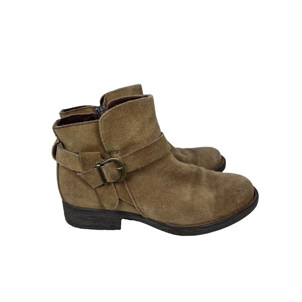 Born distressed tan suede zip ankle Morocco booties buckled strap Womens Sz 9M